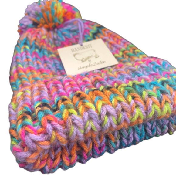 Pink Rainbow Bright Multi Color Double Strand Chunky Beanie with Pom Pom